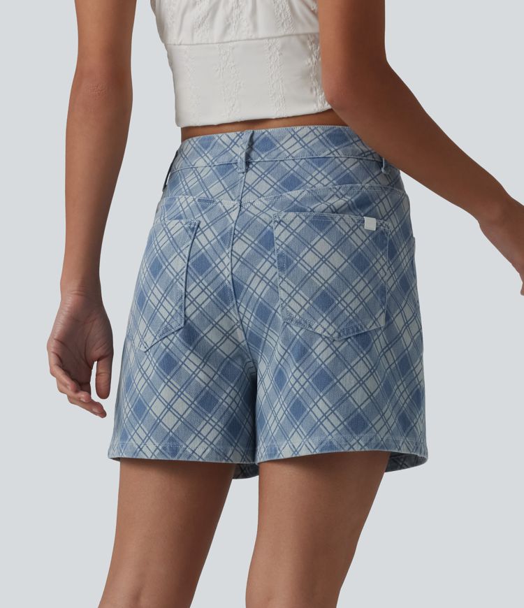 Halara Flex™ - Lässige Shorts aus Denim mit mittelhohem Bund, mehreren Taschen und Karomuster - 10,2 cm