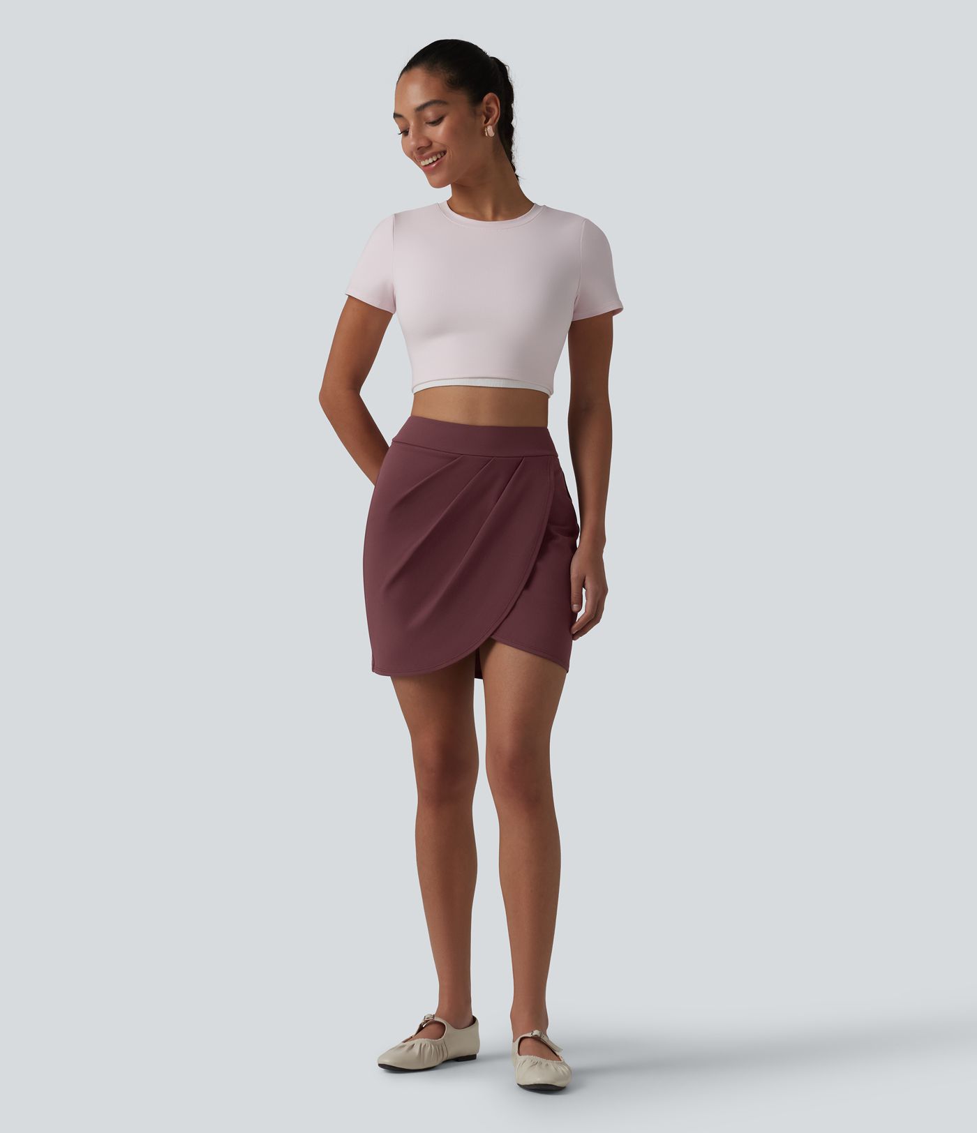 DayStretch High Waisted Pleated Crossover Hem 2-in-1 Bodycon Mini Casual Skirt