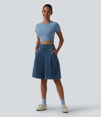 Halara Flex™ - Lässige Baggy-Shorts aus verwaschenem Denim mit hohem Bund und mehreren Taschen - 25,6 cm