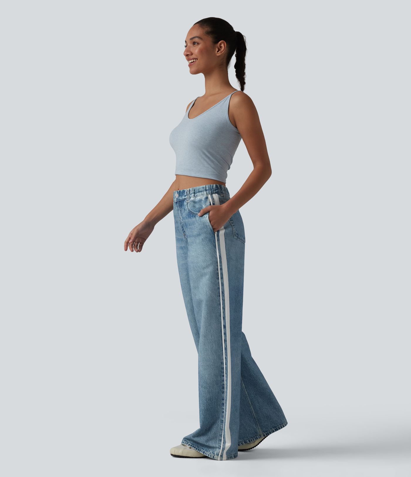 Mid Rise Denim Print French Terry Stripe Casual Sweatpants Jeans with Pockets