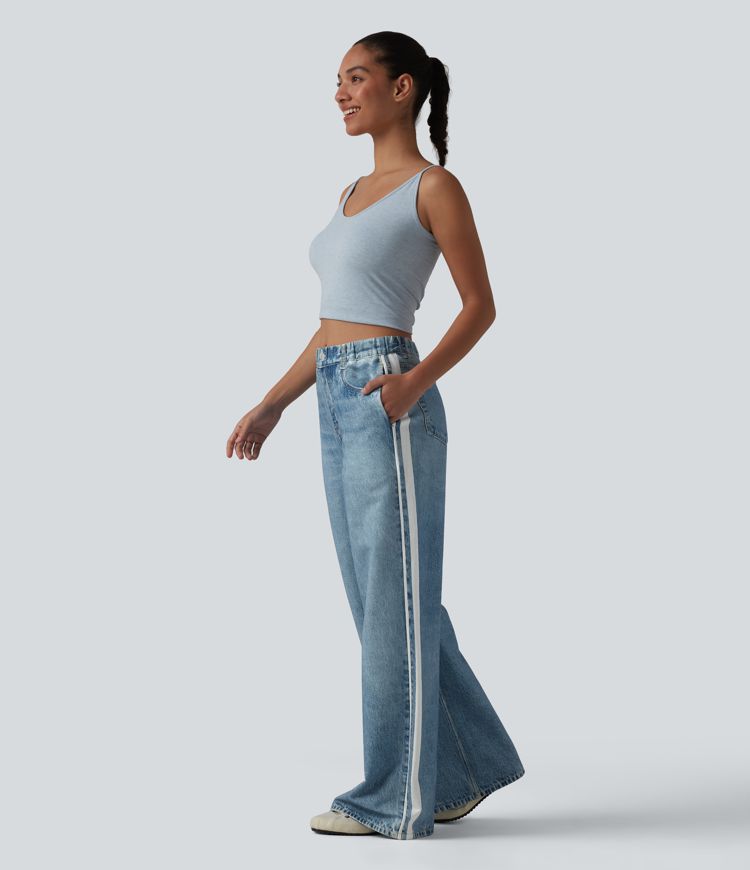 Mid Rise Denim Print French Terry Stripe Casual Sweatpants Jeans with Pockets