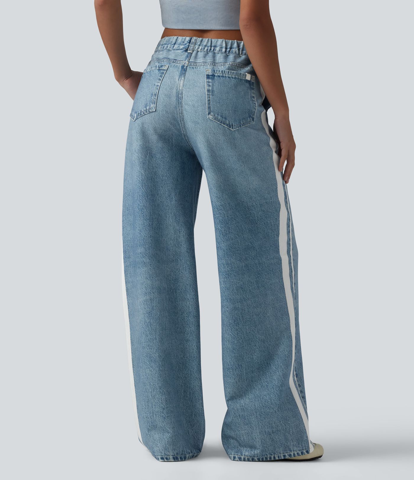 Mid Rise Denim Print French Terry Stripe Casual Sweatpants Jeans with Pockets