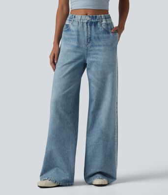 Mid Rise Denim Print French Terry Stripe Casual Sweatpants Jeans with Pockets