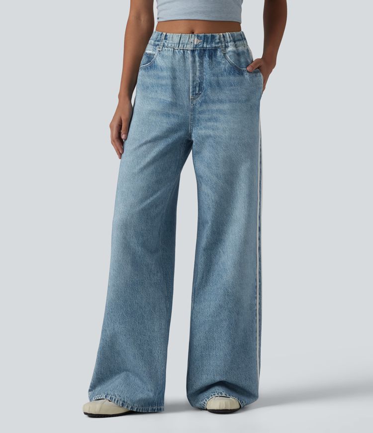 Mid Rise Denim Print French Terry Stripe Casual Sweatpants Jeans with Pockets