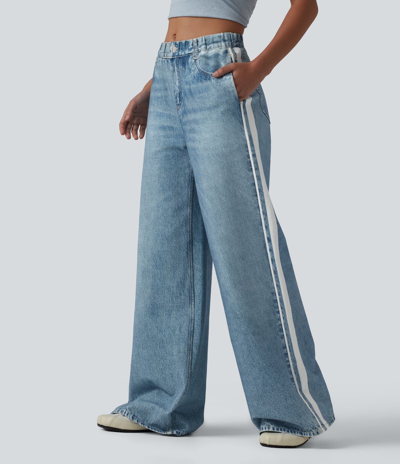 Mid Rise Denim Print French Terry Stripe Casual Sweatpants Jeans with Pockets