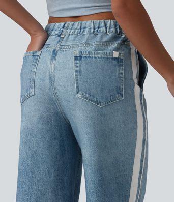 Mid Rise Denim Print French Terry Stripe Casual Sweatpants Jeans with Pockets