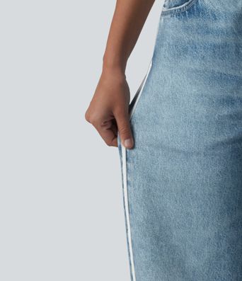 Mid Rise Denim Print French Terry Stripe Casual Sweatpants Jeans with Pockets