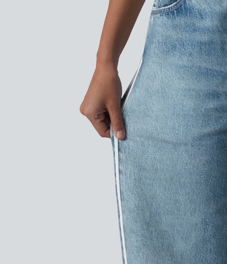 Mid Rise Denim Print French Terry Stripe Casual Sweatpants Jeans with Pockets