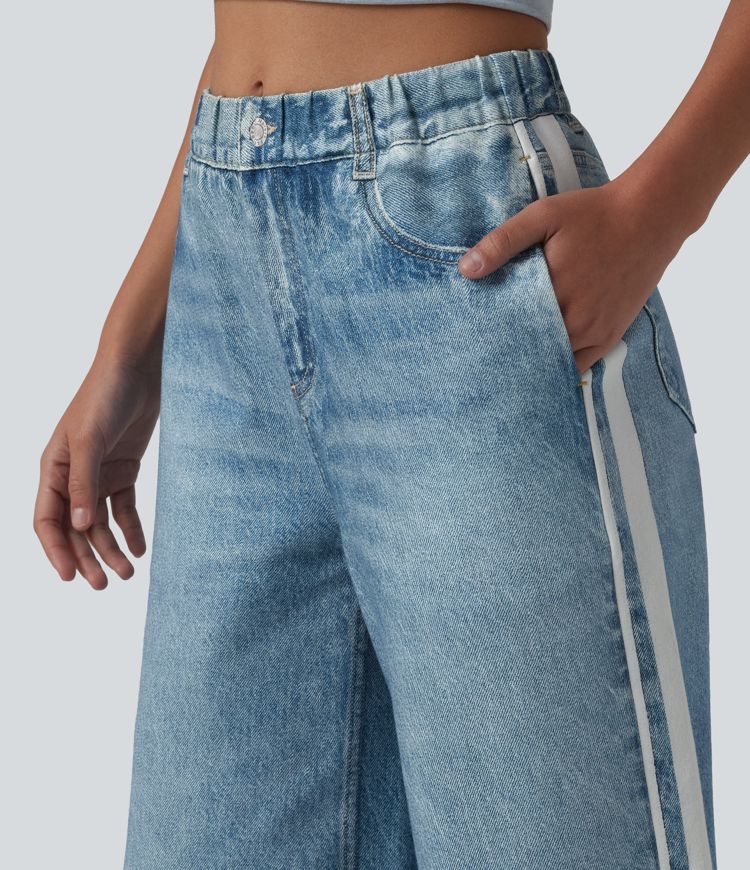 Mid Rise Denim Print French Terry Stripe Casual Sweatpants Jeans with Pockets