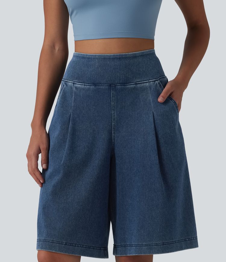 Halara Flex™ - Lässige Baggy-Shorts aus verwaschenem Denim mit hohem Bund und mehreren Taschen - 25,6 cm