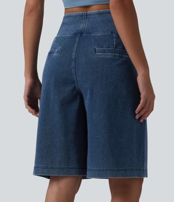 Halara Flex™ - Lässige Baggy-Shorts aus verwaschenem Denim mit hohem Bund und mehreren Taschen - 25,6 cm