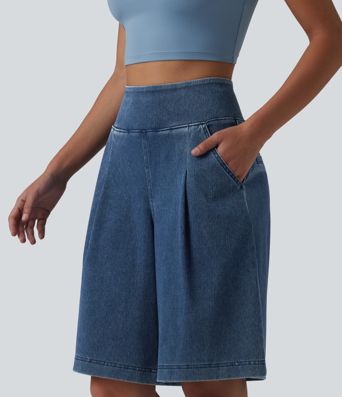 Halara Flex™ - Lässige Baggy-Shorts aus verwaschenem Denim mit hohem Bund und mehreren Taschen - 25,6 cm