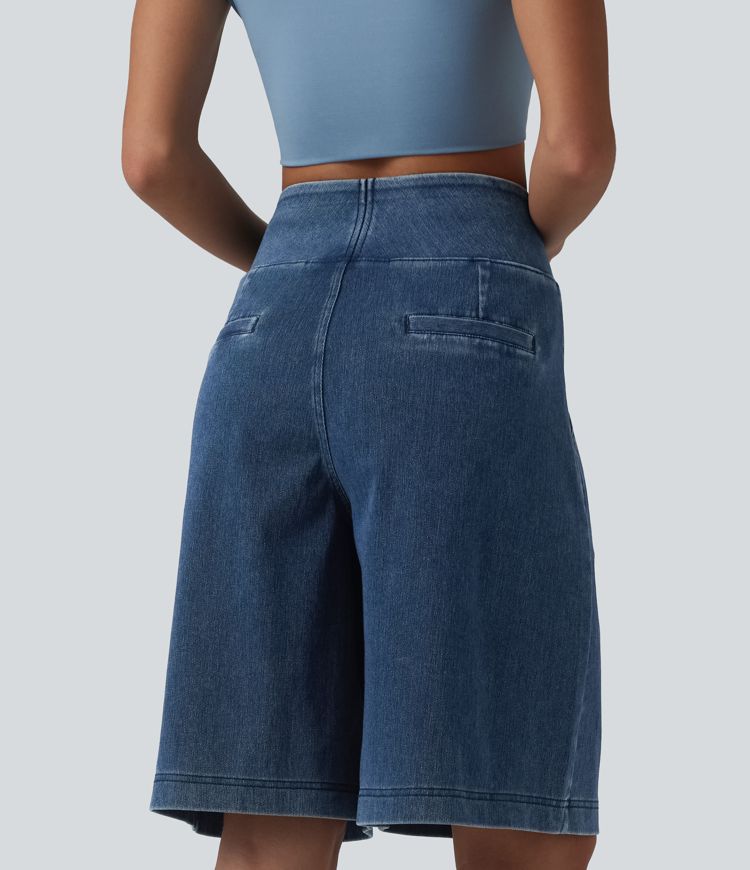 Halara Flex™ - Lässige Baggy-Shorts aus verwaschenem Denim mit hohem Bund und mehreren Taschen - 25,6 cm