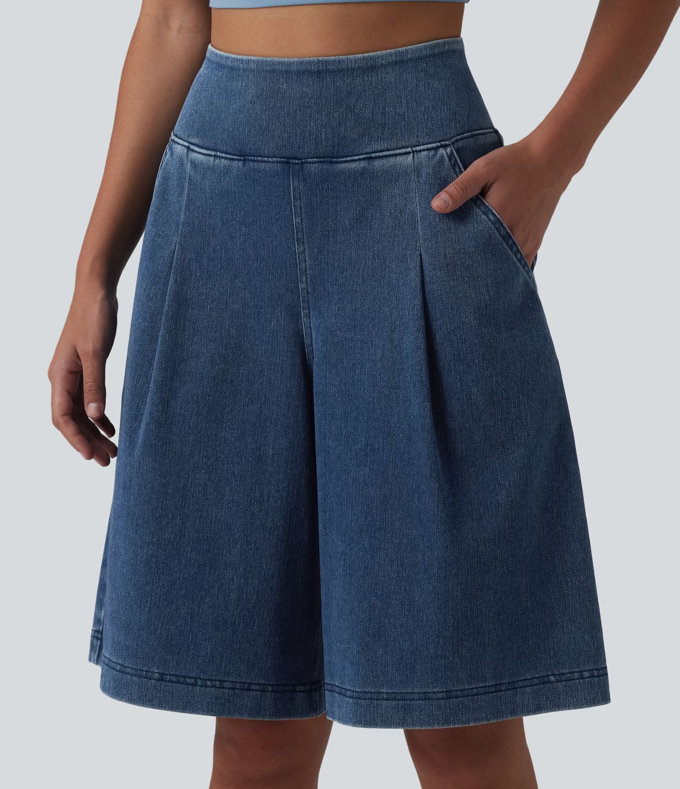 Halara Flex™ - Lässige Baggy-Shorts aus verwaschenem Denim mit hohem Bund und mehreren Taschen - 25,6 cm