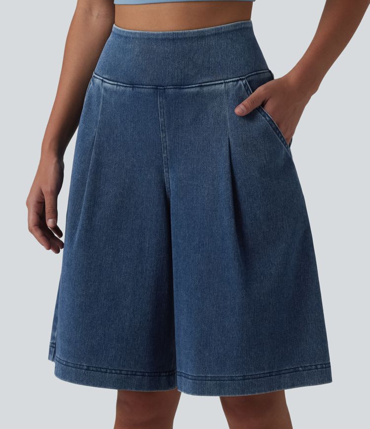 Halara Flex™ - Lässige Baggy-Shorts aus verwaschenem Denim mit hohem Bund und mehreren Taschen - 25,6 cm