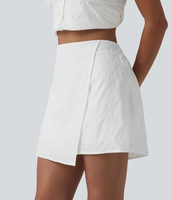 Falda mini de talle alto 2 en 1 con bordado, corte en A estilo resort