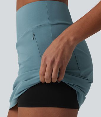 High Waisted 2-in-1 A-line Mini Stretchy Poplin Casual Skirt with Pockets