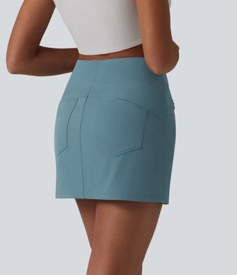 High Waisted 2-in-1 A-line Mini Stretchy Poplin Casual Skirt with Pockets