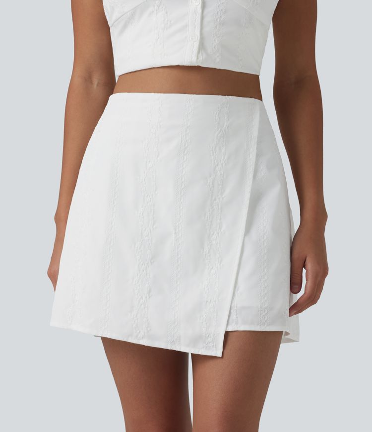 Blanc Jupe mini évasée 2-en-1 taille haute broderie style vacances / 1