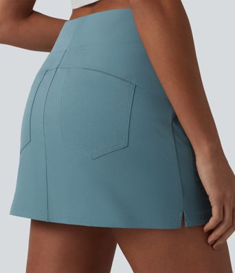 High Waisted 2-in-1 A-line Mini Stretchy Poplin Casual Skirt with Pockets