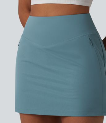 High Waisted 2-in-1 A-line Mini Stretchy Poplin Casual Skirt with Pockets