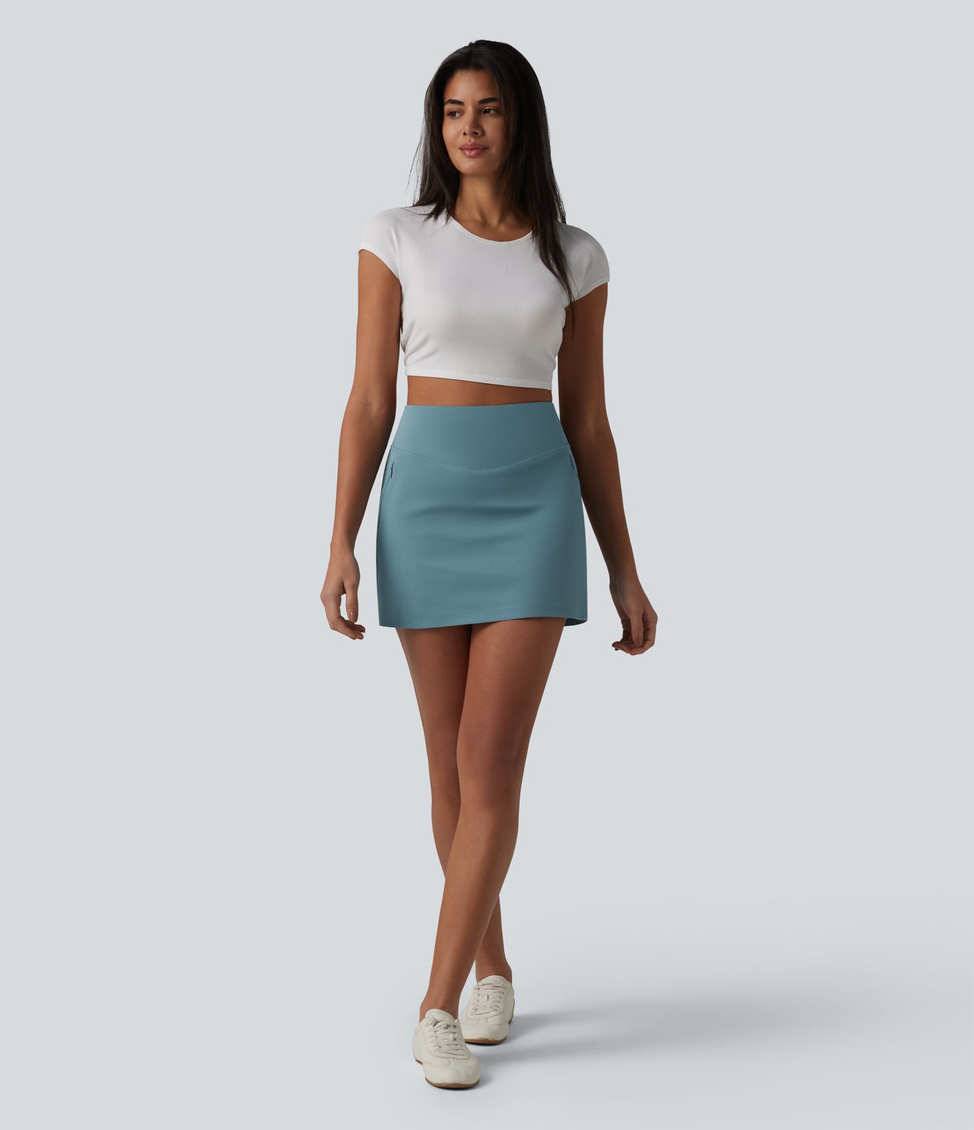 High Waisted 2-in-1 A-line Mini Stretchy Poplin Casual Skirt with Pockets