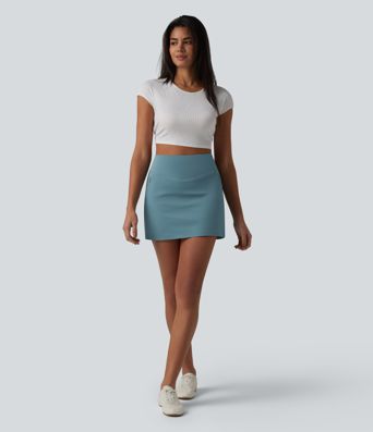 High Waisted 2-in-1 A-line Mini Stretchy Poplin Casual Skirt with Pockets