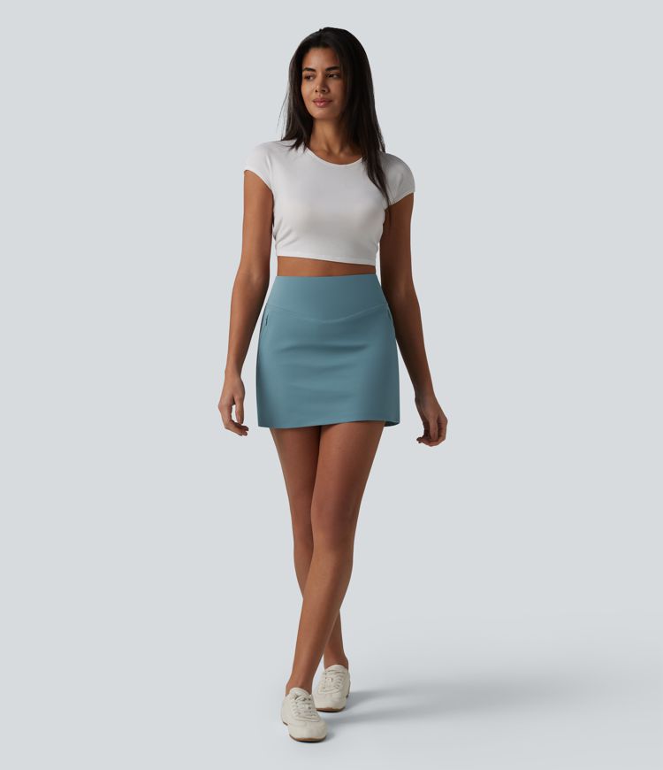 High Waisted 2-in-1 A-line Mini Stretchy Poplin Casual Skirt with Pockets
