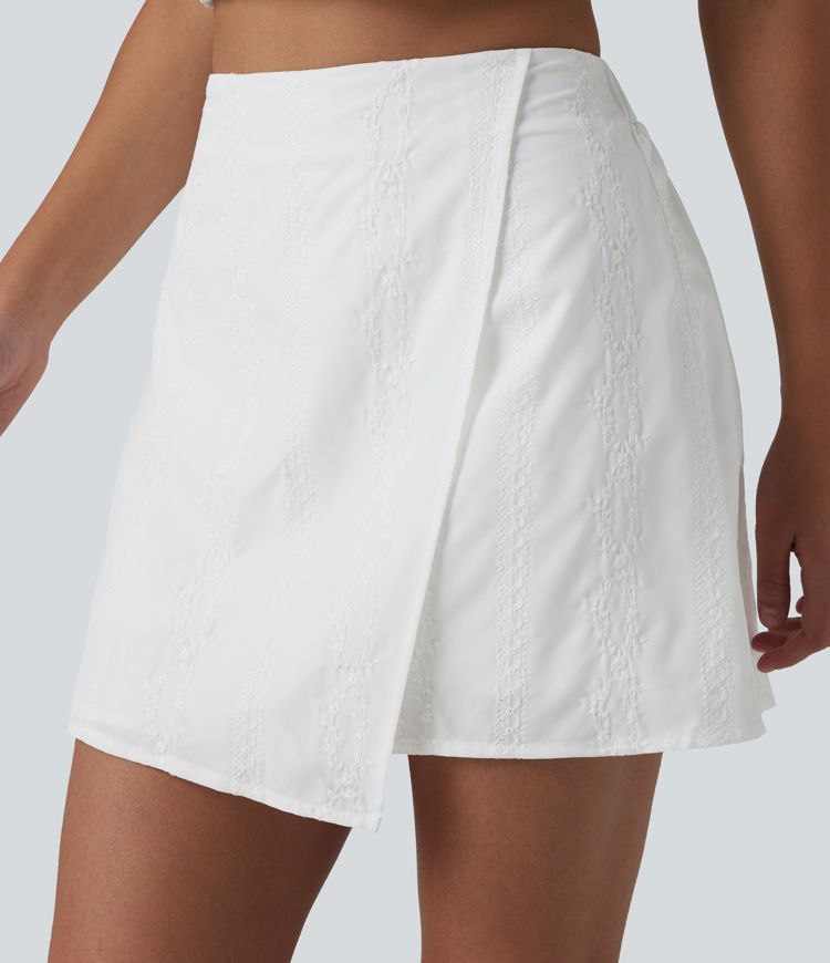 Falda mini de talle alto 2 en 1 con bordado, corte en A estilo resort