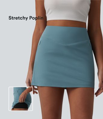 High Waisted 2-in-1 A-line Mini Stretchy Poplin Casual Skirt with Pockets
