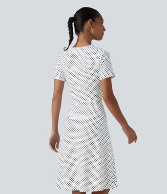 V Neck Short Sleeve Polka Dot Knee Length Casual Dress