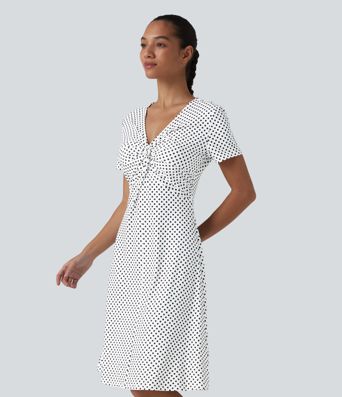 V Neck Short Sleeve Polka Dot Knee Length Casual Dress