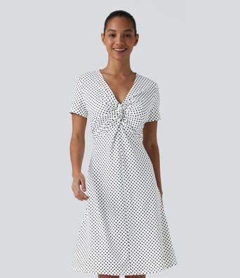 V Neck Short Sleeve Polka Dot Knee Length Casual Dress