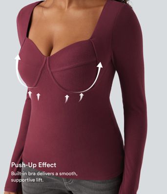 Halara HeatCore Sweetheart Neck Push-Up Long Sleeve Casual Warming Top D/DD Cup