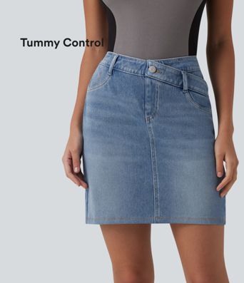 Halara Flex™ Denim Asymmetric Mid Rise Tummy Control Casual Skirt with Pockets