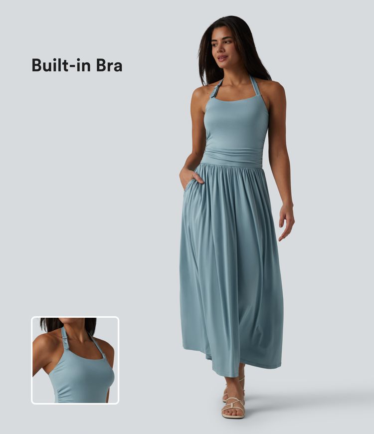 Halter Built-in Bra Flowy Maxi Casual Dress with Pockets