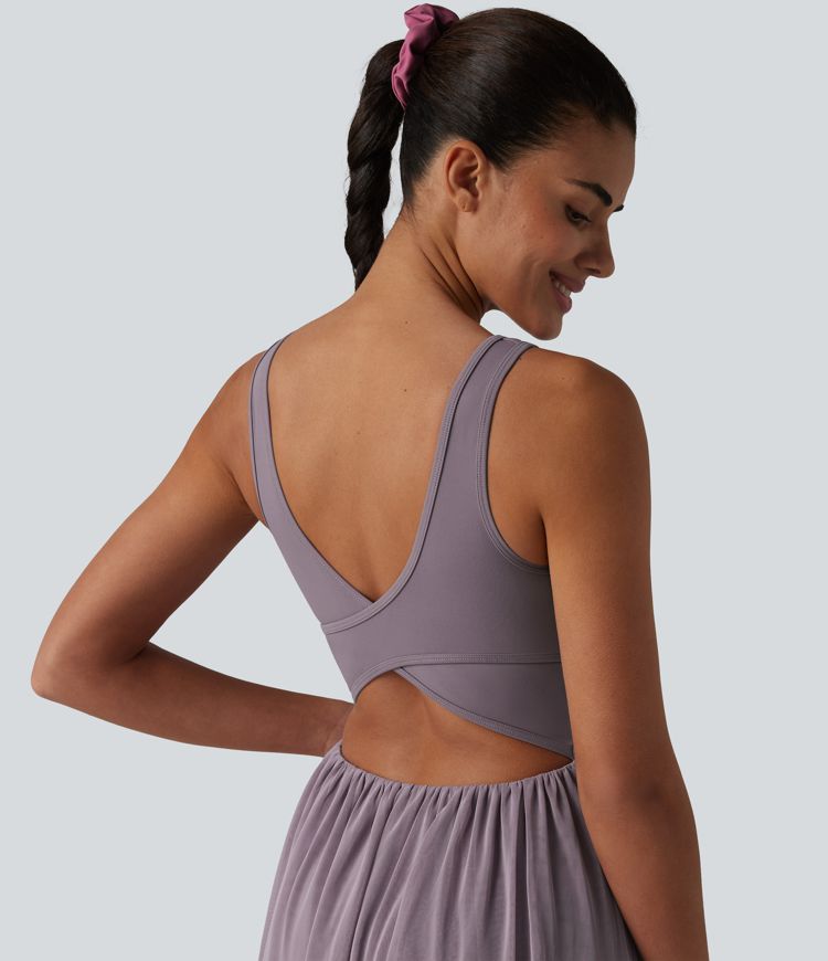 SoftlyZero™ Crisscross Backless Contrast Mesh 2-in-1 Built-in Bra Flowy Mini Tennis Active Dress with Pockets-Easy Peezy
