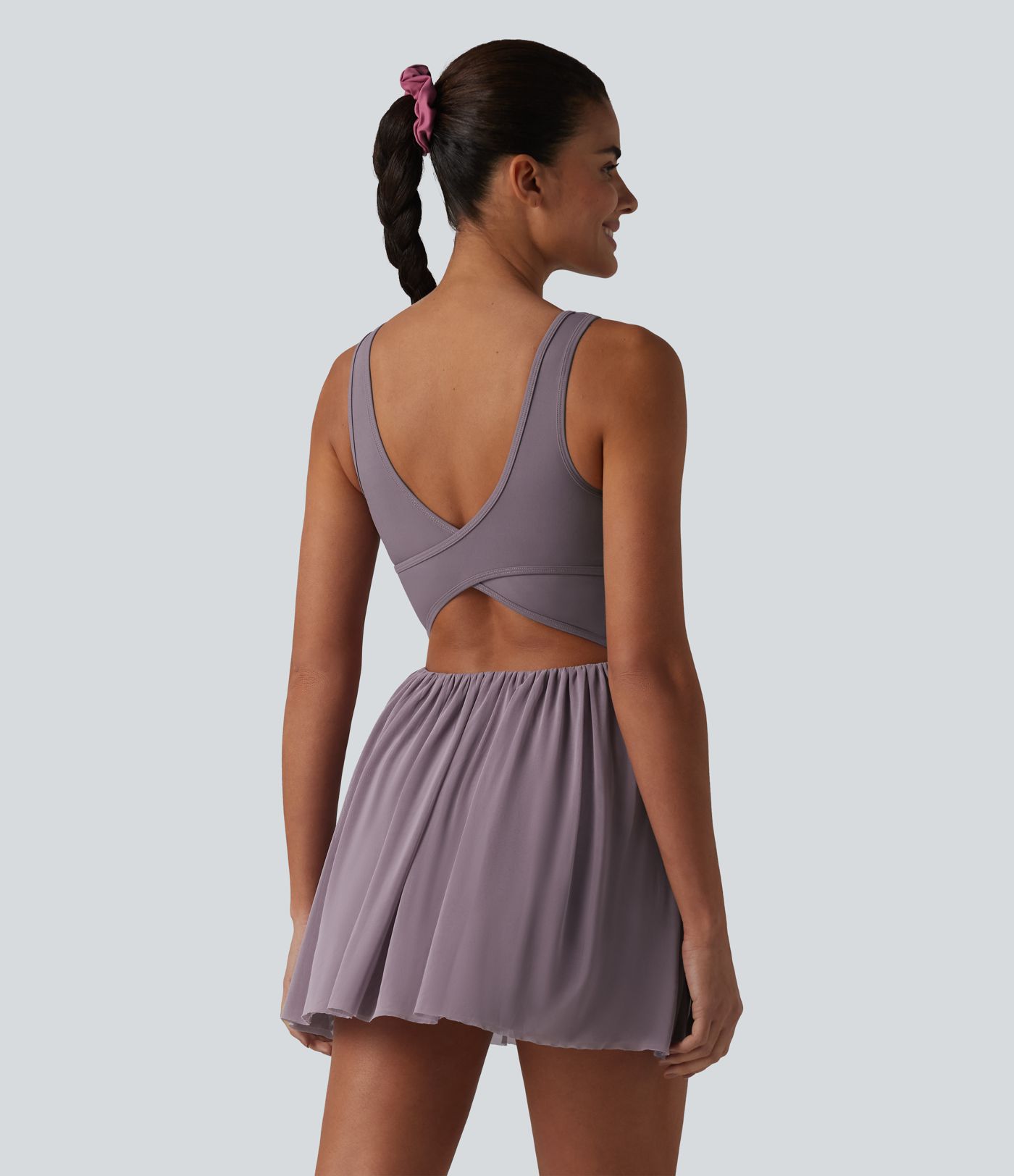 SoftlyZero™ Crisscross Backless Contrast Mesh 2-in-1 Built-in Bra Flowy Mini Tennis Active Dress with Pockets-Easy Peezy
