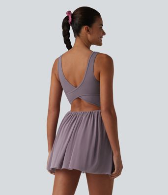 SoftlyZero™ Crisscross Backless Contrast Mesh 2-in-1 Built-in Bra Flowy Mini Tennis Active Dress with Pockets-Easy Peezy