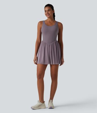 SoftlyZero™ Crisscross Backless Contrast Mesh 2-in-1 Built-in Bra Flowy Mini Tennis Active Dress with Pockets-Easy Peezy