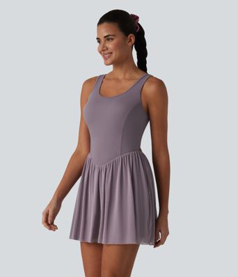 SoftlyZero™ Crisscross Backless Contrast Mesh 2-in-1 Built-in Bra Flowy Mini Tennis Active Dress with Pockets-Easy Peezy