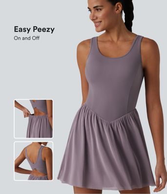 SoftlyZero™ Crisscross Backless Contrast Mesh 2-in-1 Built-in Bra Flowy Mini Tennis Active Dress with Pockets-Easy Peezy