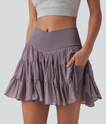 High Waisted Crossover Flowy 2-in-1 Mini Tennis Skirt with Pockets