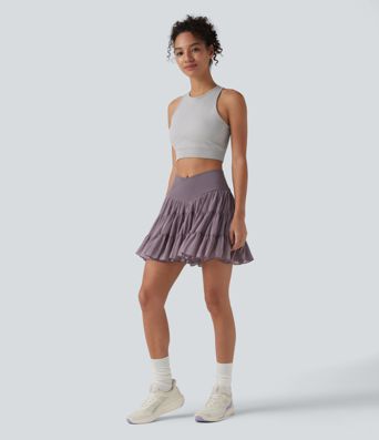 High Waisted Crossover Flowy 2-in-1 Mini Tennis Skirt with Pockets