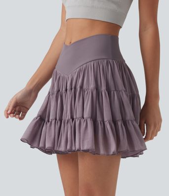 High Waisted Crossover Flowy 2-in-1 Mini Tennis Skirt with Pockets