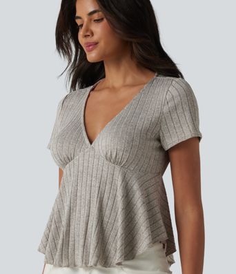 Ribbed Knit V Neck Short Sleeve Ruffle Hem Casual Babydoll T-Shirt