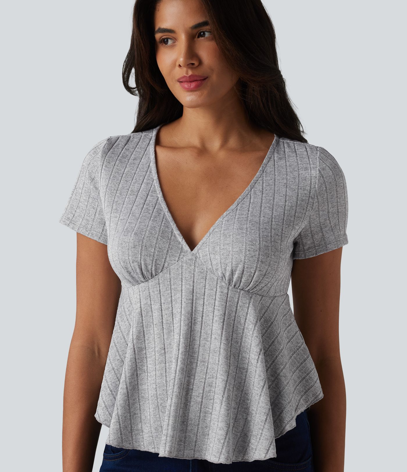 Ribbed Knit V Neck Short Sleeve Ruffle Hem Casual Babydoll T-Shirt