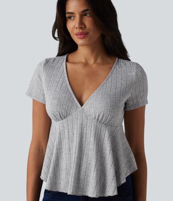 Ribbed Knit V Neck Short Sleeve Ruffle Hem Casual Babydoll T-Shirt