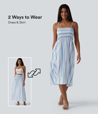 Removable Straps Shirred Stripes Linen-Feel Resort Slip Dress