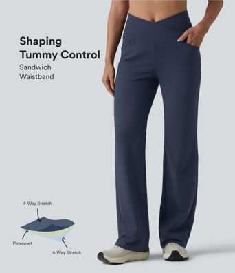 DayStretch - Yogahose mit hohem Crossover-Bund, mehreren Taschen, Bauchkontrolle und geradem Bein